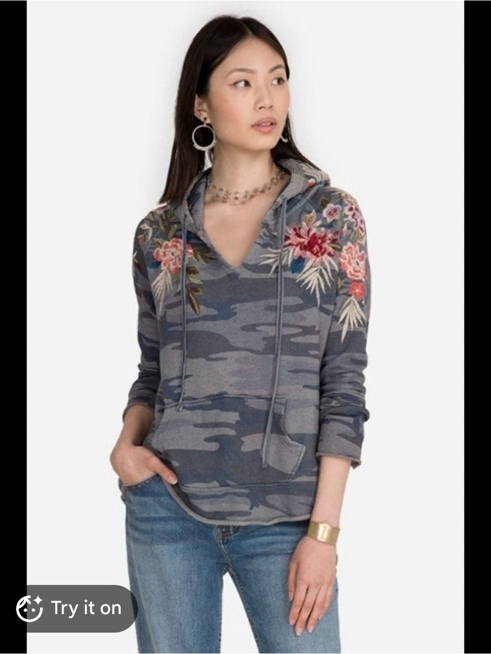 Johnny Was Nohea French terry floral embroidery raw edge hoodie sweatshirt M